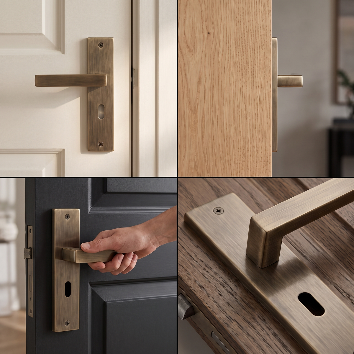 Lumina Antique Brass Privacy Door Lever Handles on Backplate – fitted on an interior door in a styled room setting