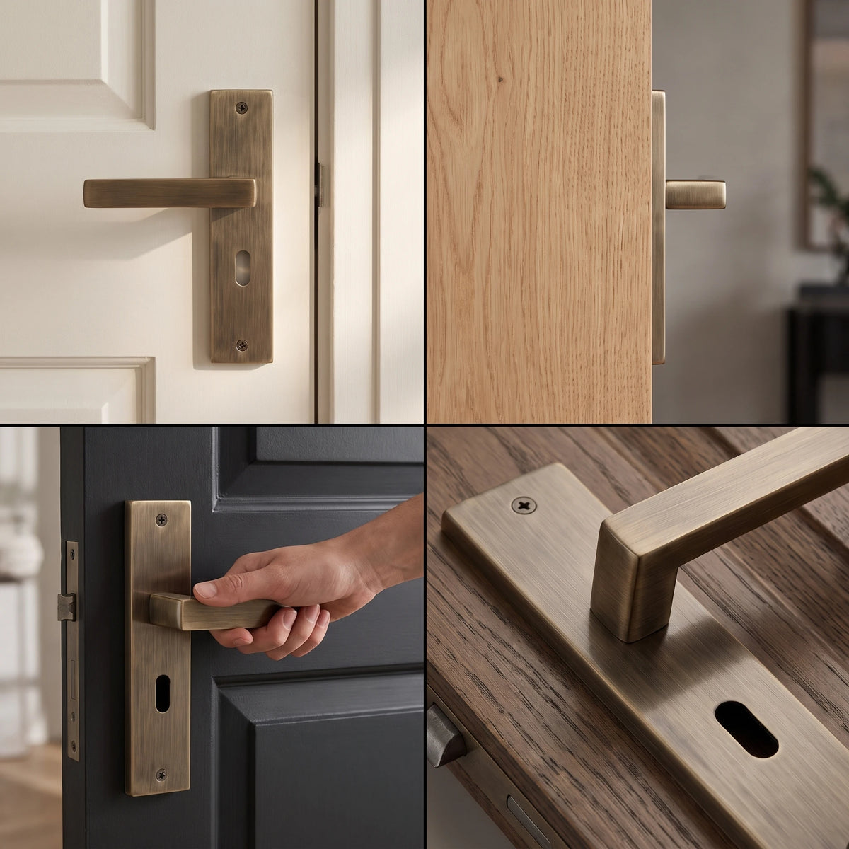 Lumina Antique Brass Door Lever Handles on Backplate – fitted on an interior door in a styled room setting