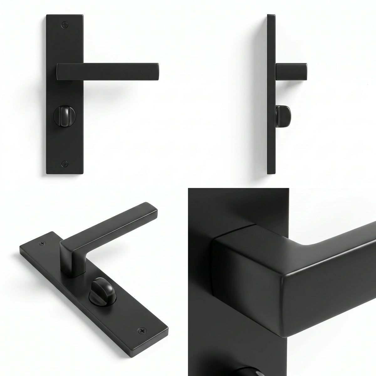 Lumina Matt Black Door Lever Handles on Backplate – shown from multiple angles