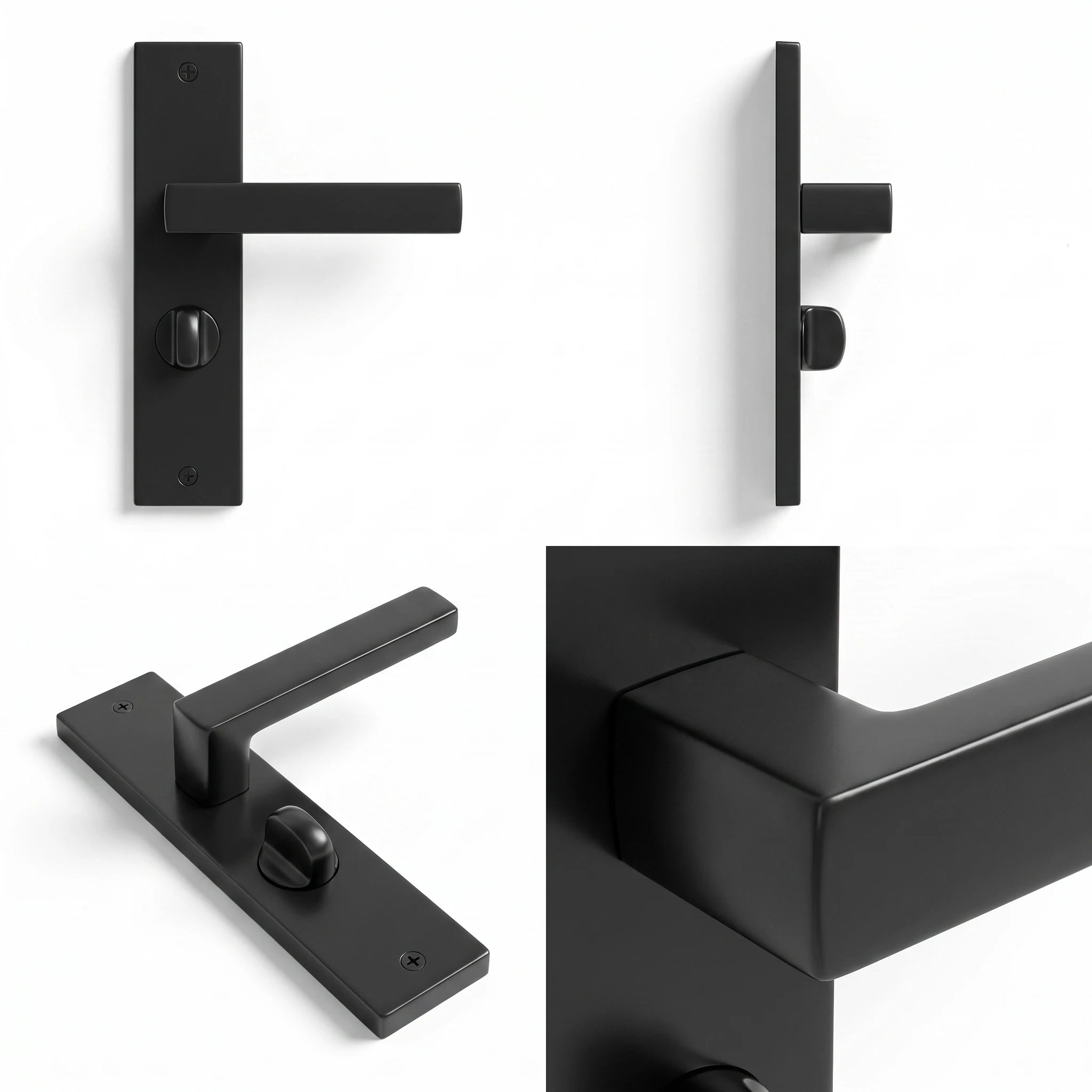 Lumina Matt Black Door Lever Handles on Backplate – shown from multiple angles