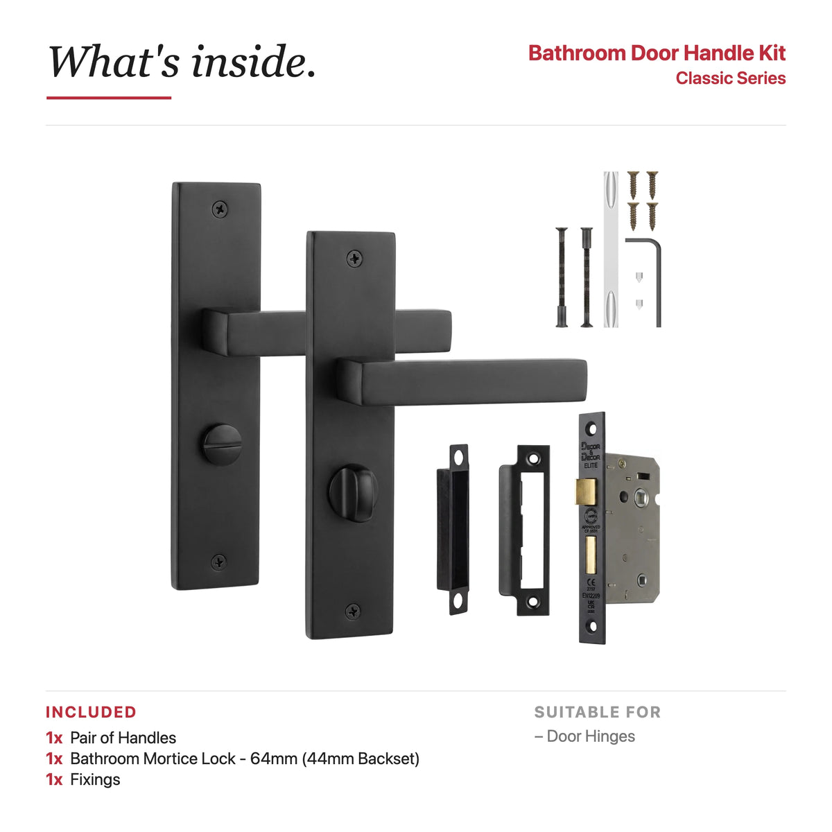 Lumina Matt Black Bathroom Door Handles on Backplate – showing what's included in the box