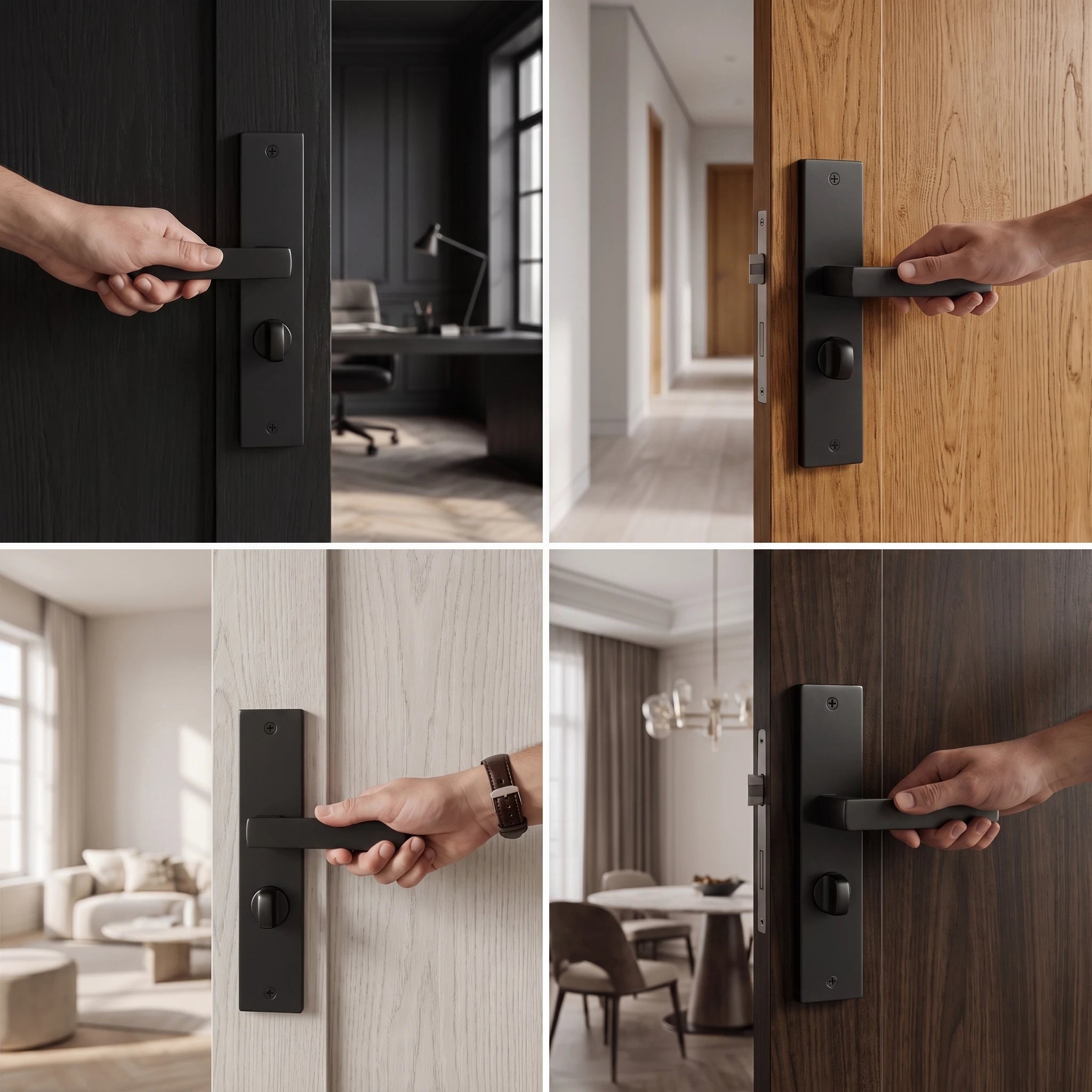 Lumina Matt Black Door Lever Handles on Backplate – fitted on an interior door in a styled room setting