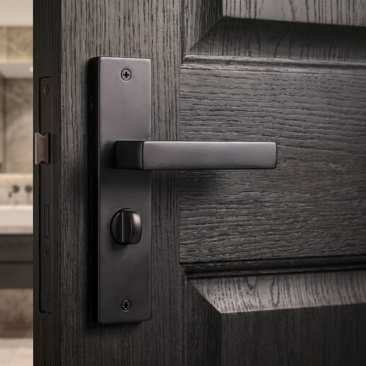 Lumina Matt Black Bathroom Door Lever Handles on Backplate – fitted on an interior door in a styled room setting 2