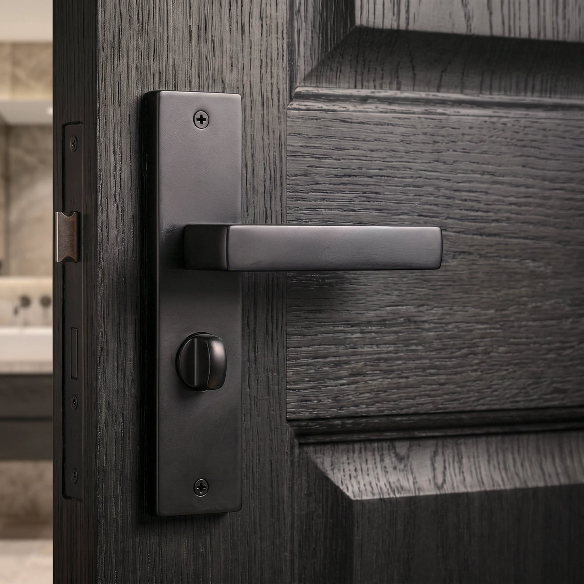 Lumina Matt Black Door Lever Handles on Backplate – fitted on an interior door in a styled room setting 2