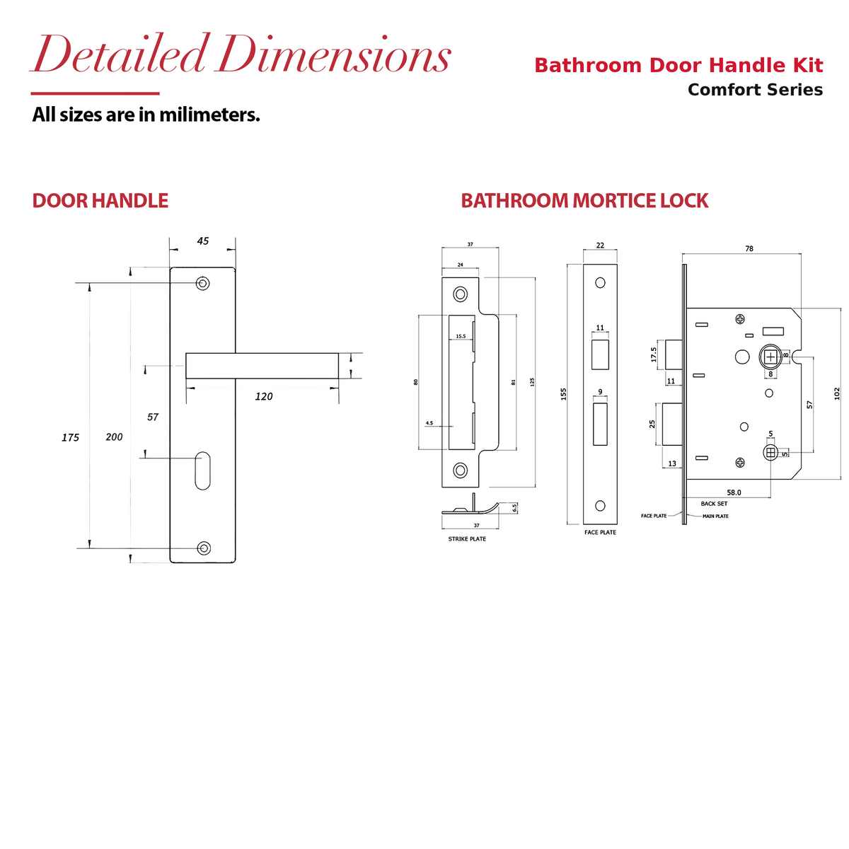 Lumina Matt Black Bathroom Door Lever Handles on Backplate – dimensions and measurements diagram