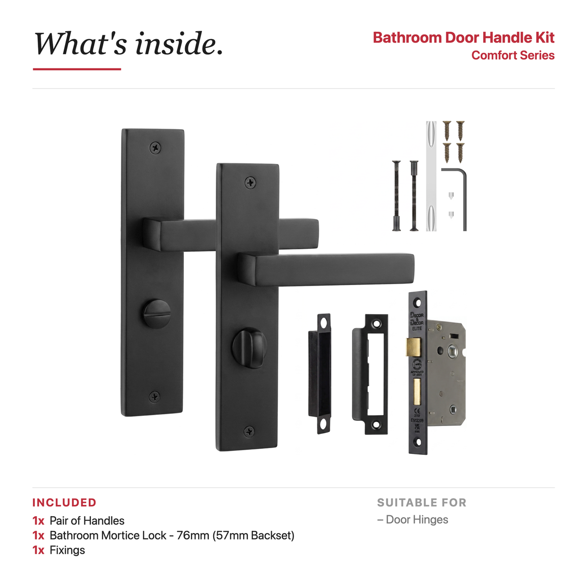 Lumina Matt Black Bathroom Door Lever Handles on Backplate – showing what's included in the box