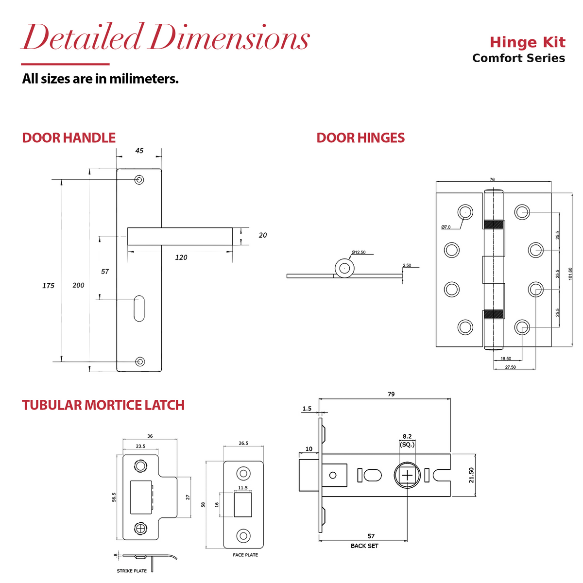 Lumina Matt Black Passage Door Lever Handles on Backplate – dimensions and measurements diagram