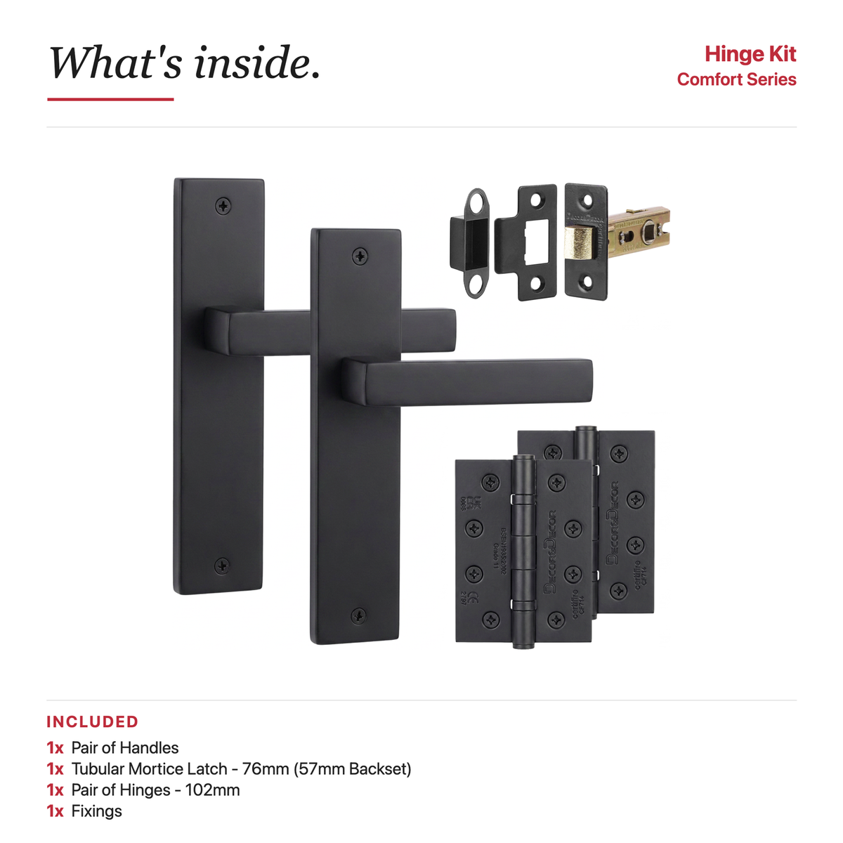 Lumina Matt Black Passage Door Lever Handles on Backplate – showing what's included in the box