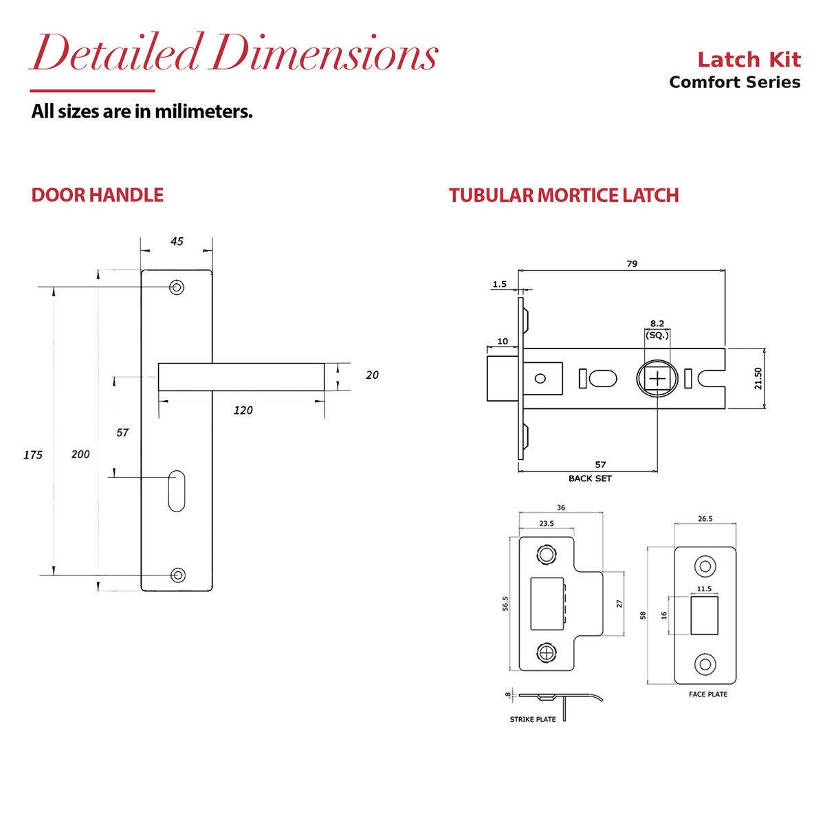 Lumina Matt Black Passage Door Lever Handles on Backplate – dimensions and measurements diagram