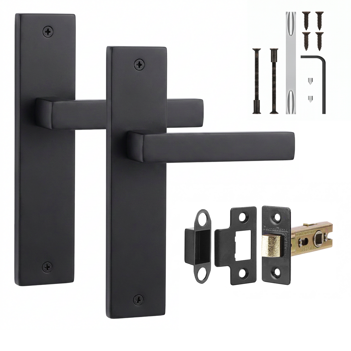 Lumina Matt Black Passage Door Lever Handles on Backplate - Latch Kit 76mm