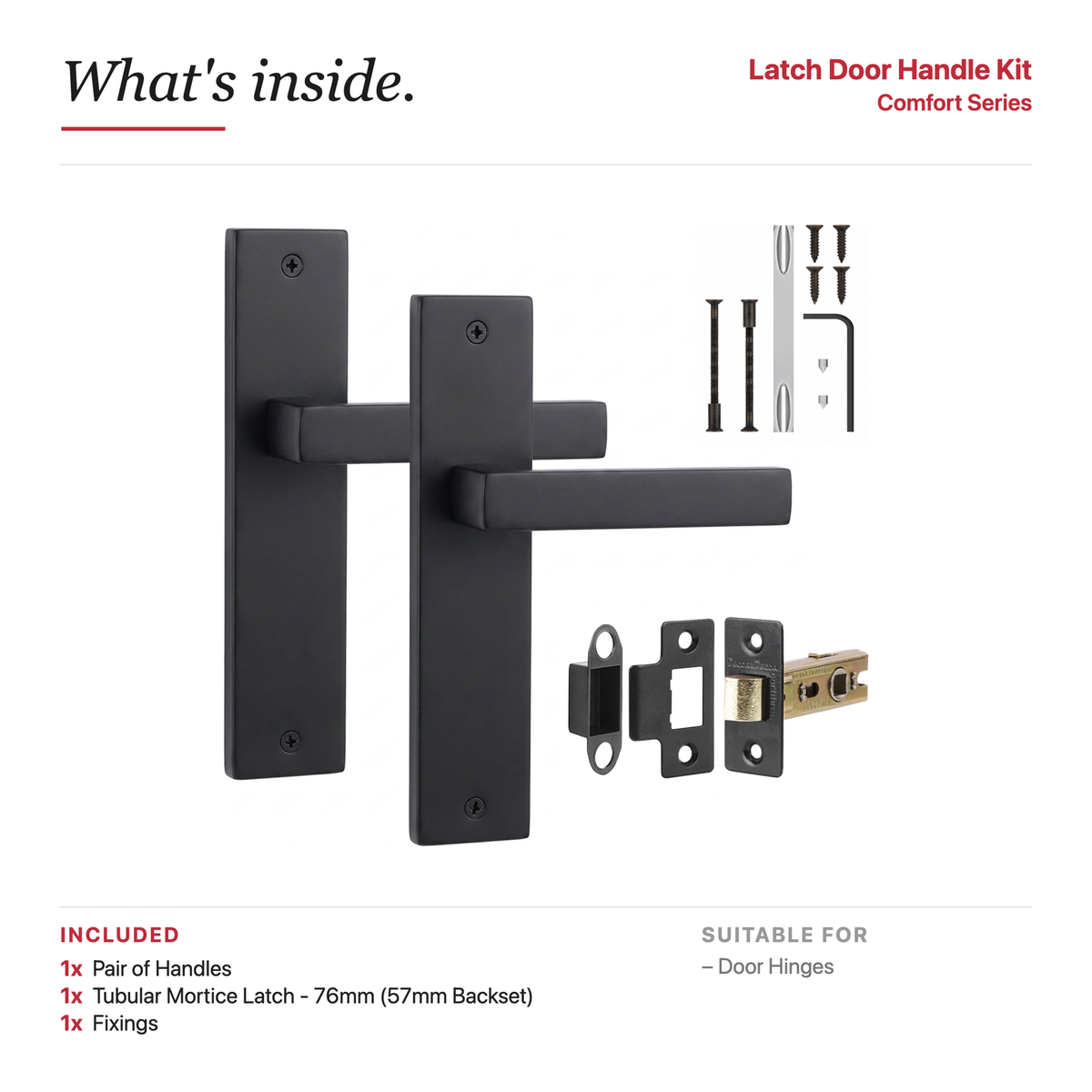 Lumina Matt Black Passage Door Lever Handles on Backplate – showing what's included in the box