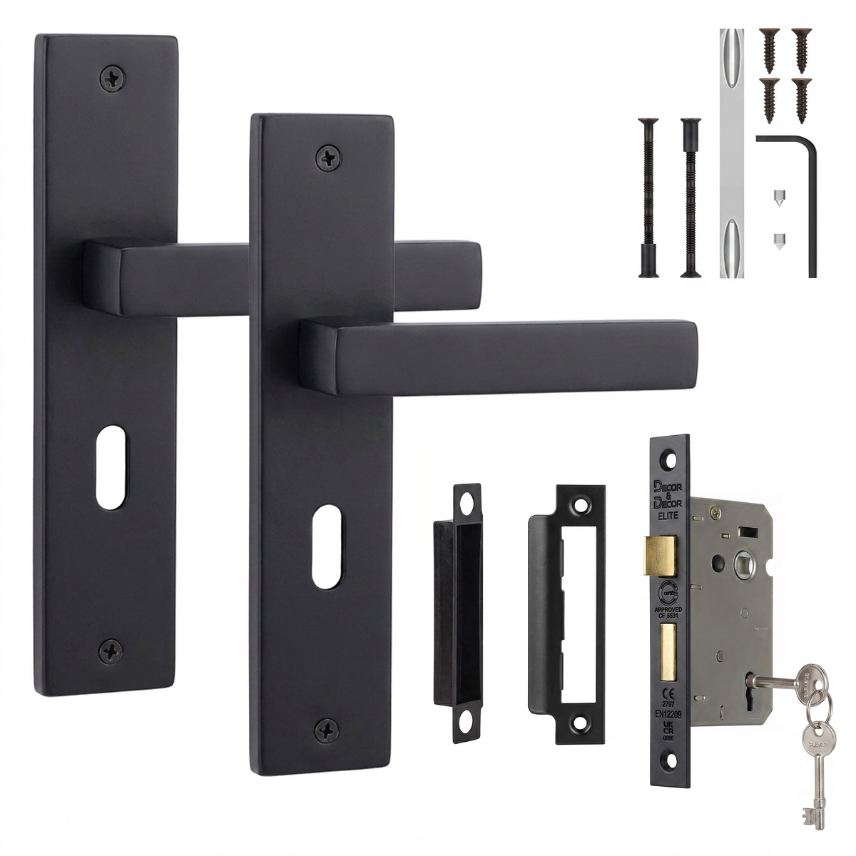 Lumina Matt Black Privacy Door Lever Handles on Backplate - Sash Lock Kit 76mm
