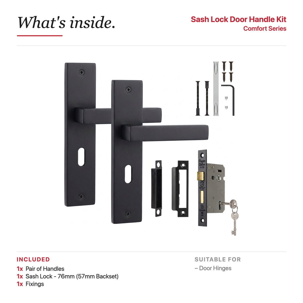 Lumina Matt Black Privacy Door Lever Handles on Backplate – showing what's included in the box