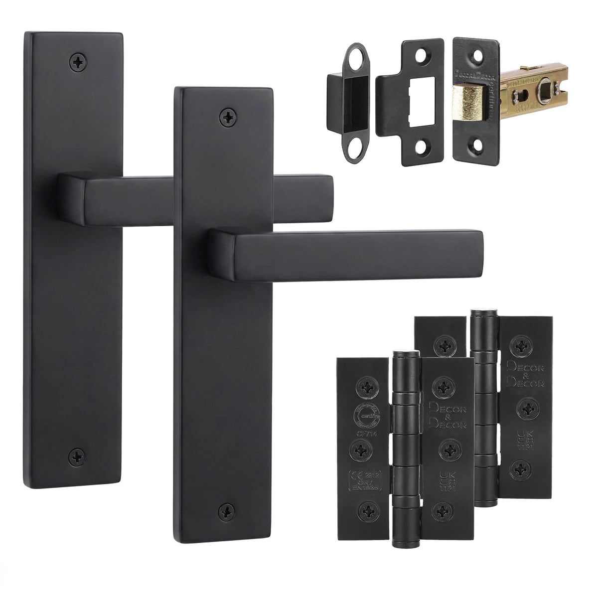 Lumina Matt Black Passage Door Handles on Backplate - Latch and Hinge Set