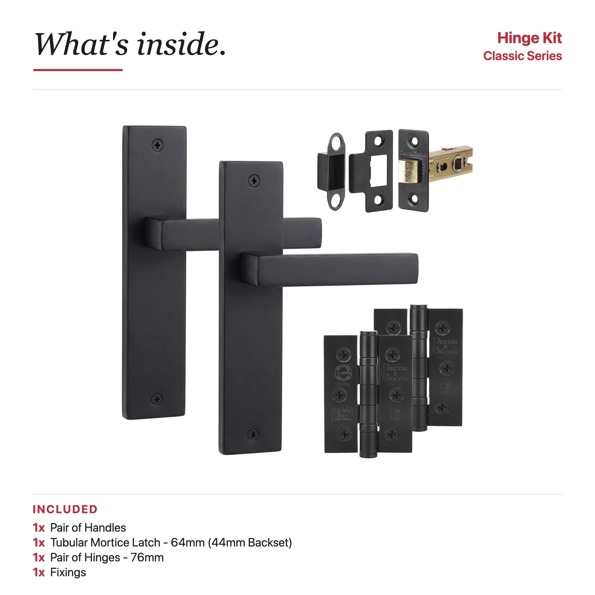 Lumina Matt Black Passage Door Handles on Backplate – showing what's included in the box