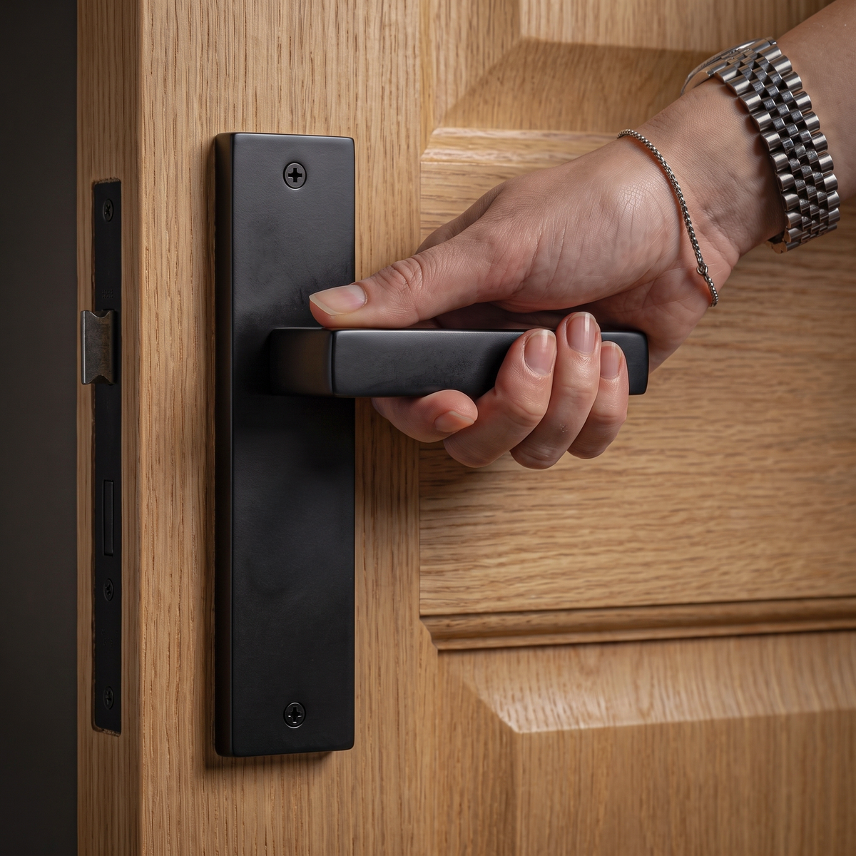 Lumina Matt Black Passage Door Lever Handles on Backplate – held in hand to show the size and finish