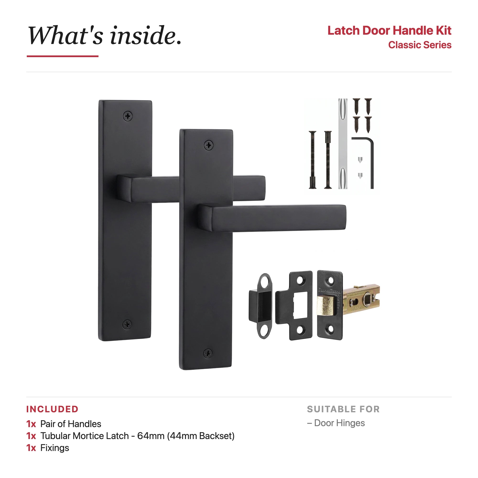 Lumina Matt Black Passage Door Handles on Backplate – showing what's included in the box
