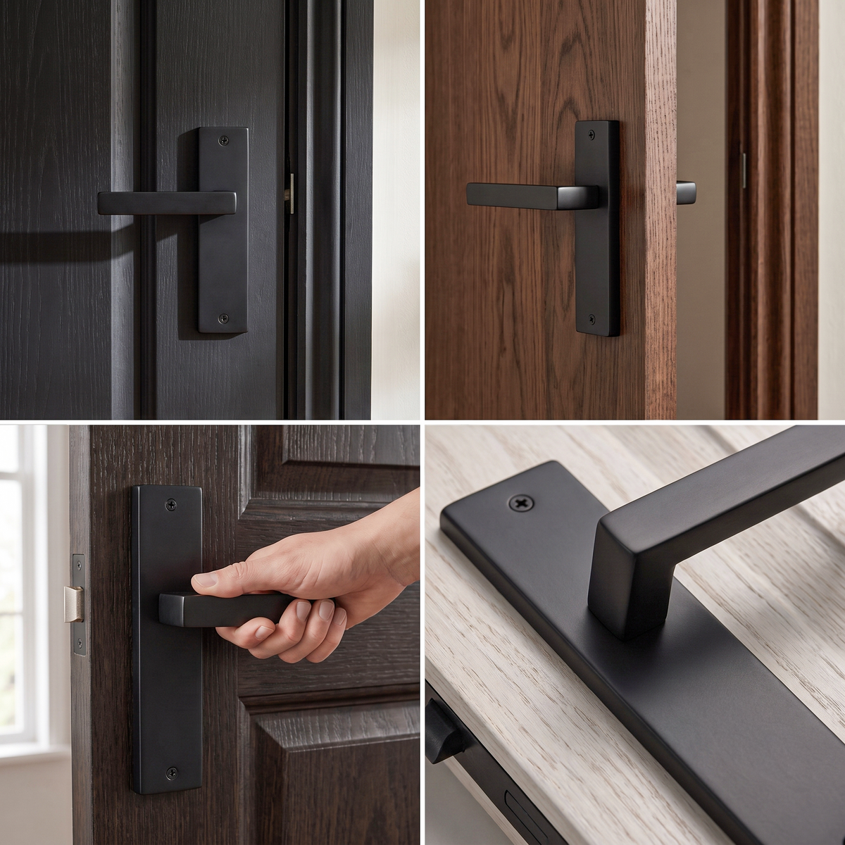 Lumina Matt Black Passage Door Lever Handles on Backplate – fitted on an interior door in a styled room setting