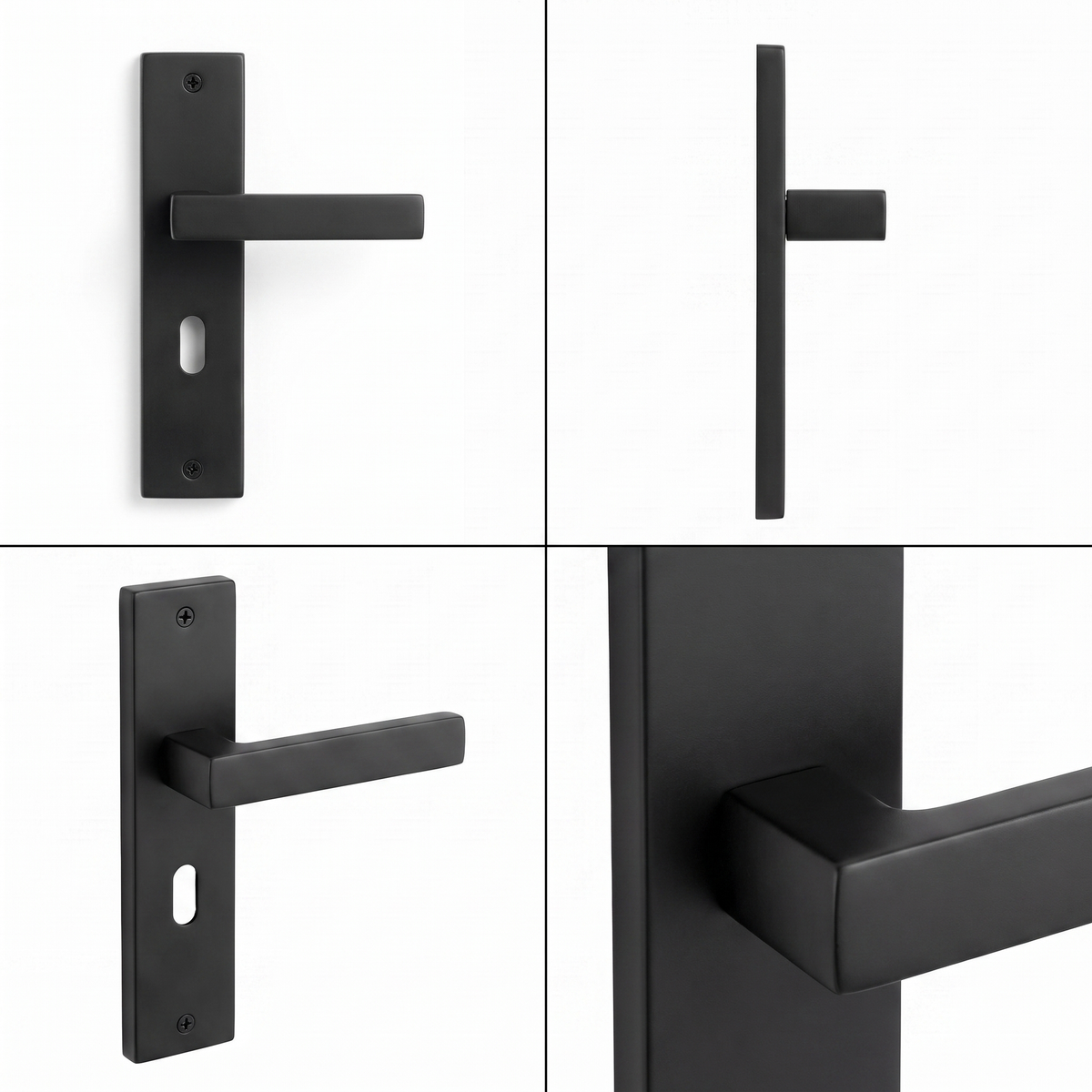 Lumina Matt Black Privacy Door Lever Handles on Backplate – shown from multiple angles