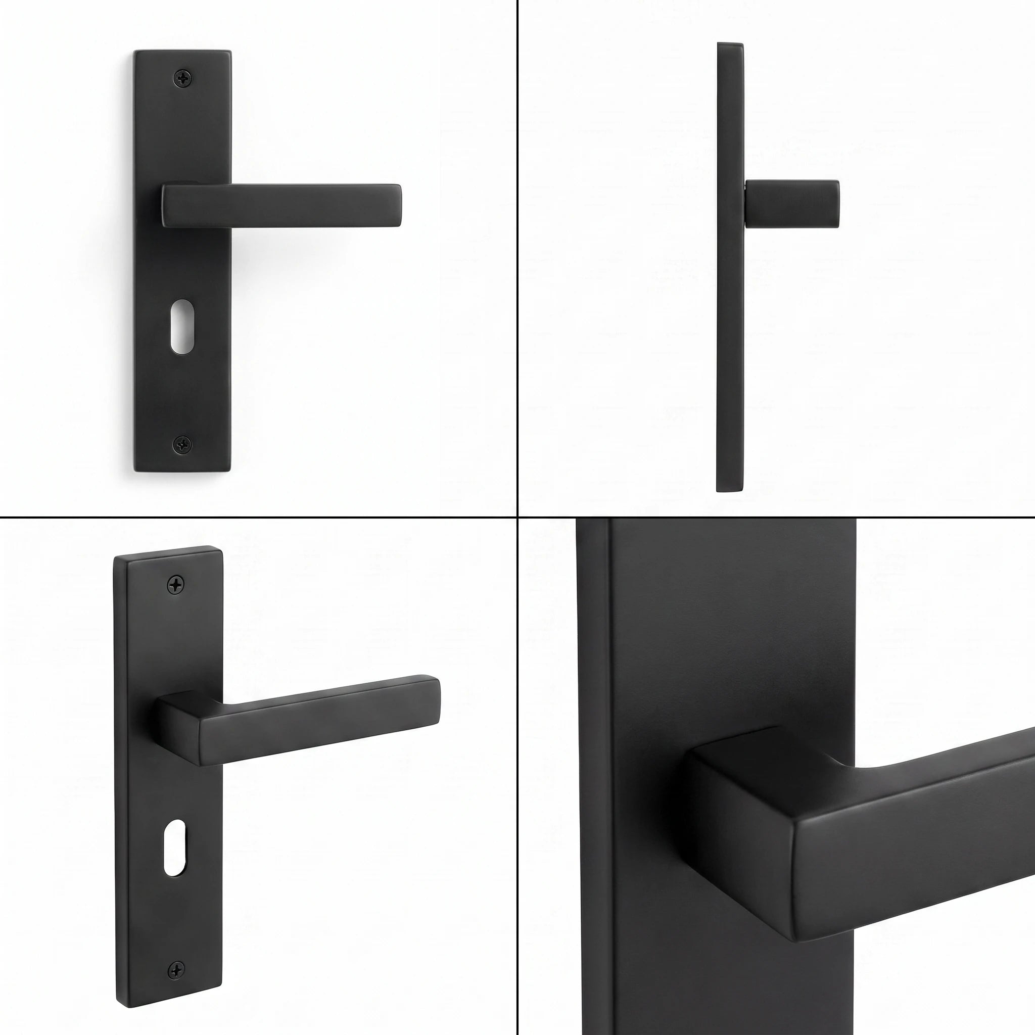 Lumina Matt Black Door Lever Handles on Backplate – shown from multiple angles