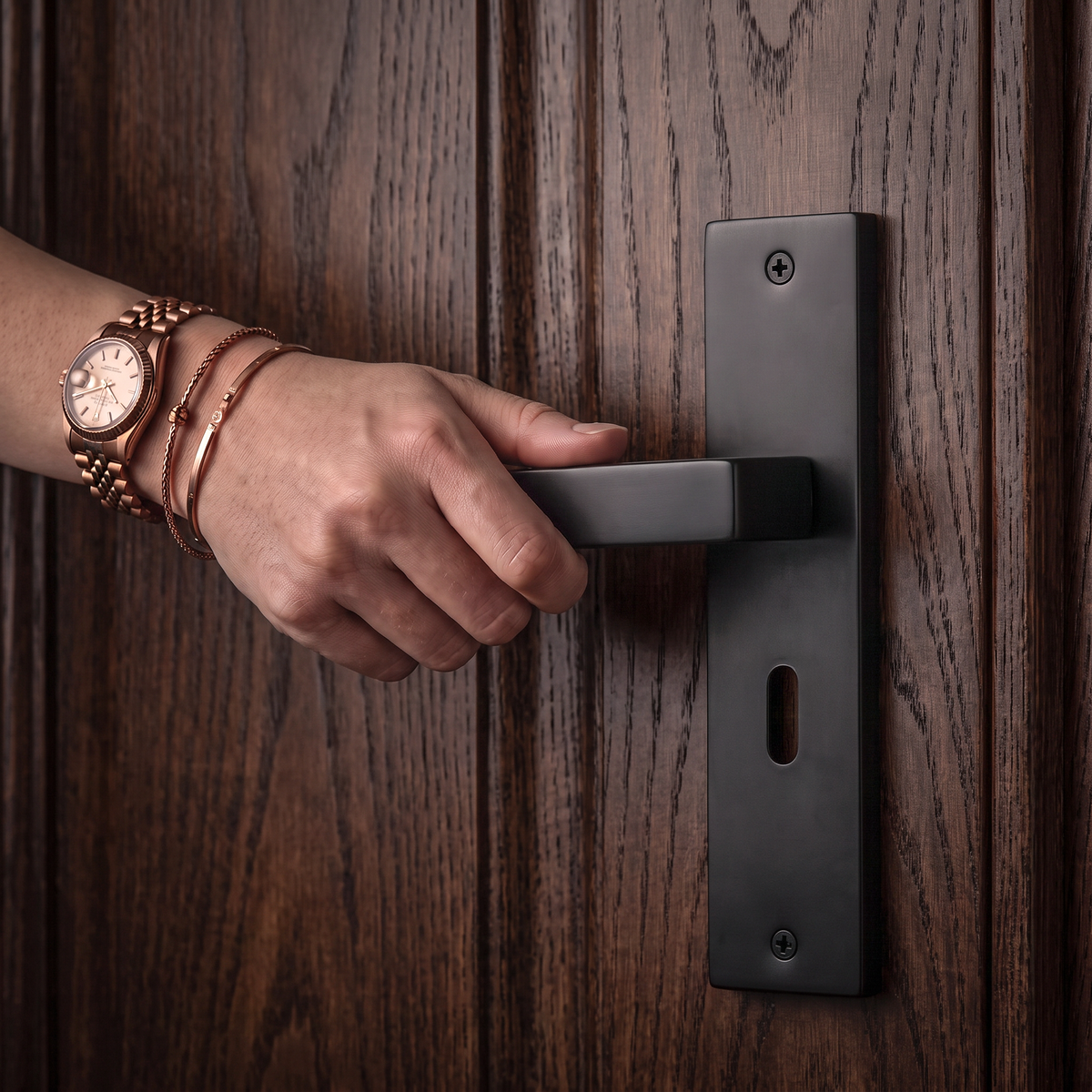 Lumina Matt Black Privacy Door Lever Handles on Backplate – held in hand to show the size and finish