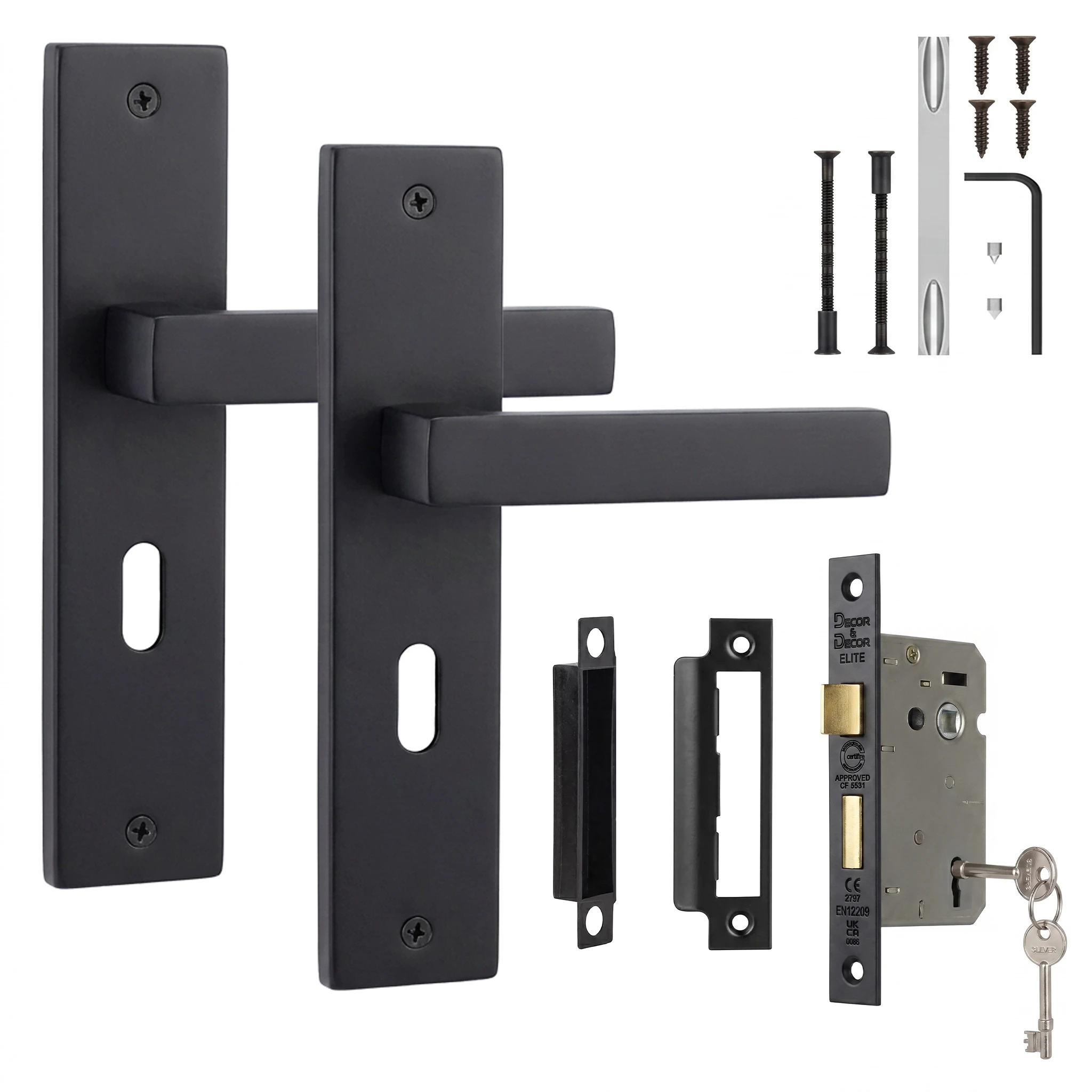 Lumina Matt Black Privacy Door Handles on Backplate with Keys - Sash Lock Kit Set