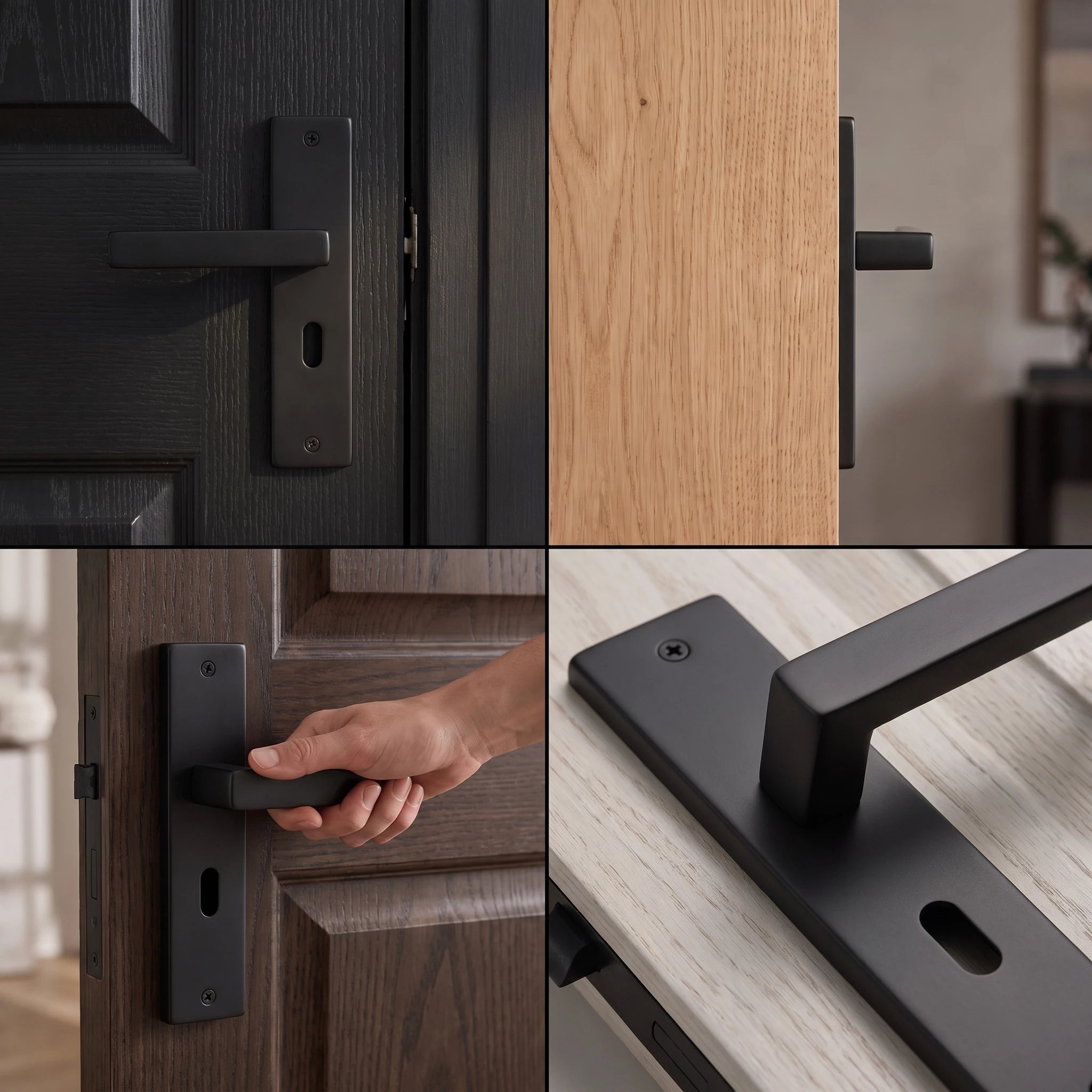 Lumina Matt Black Door Lever Handles on Backplate – fitted on an interior door in a styled room setting