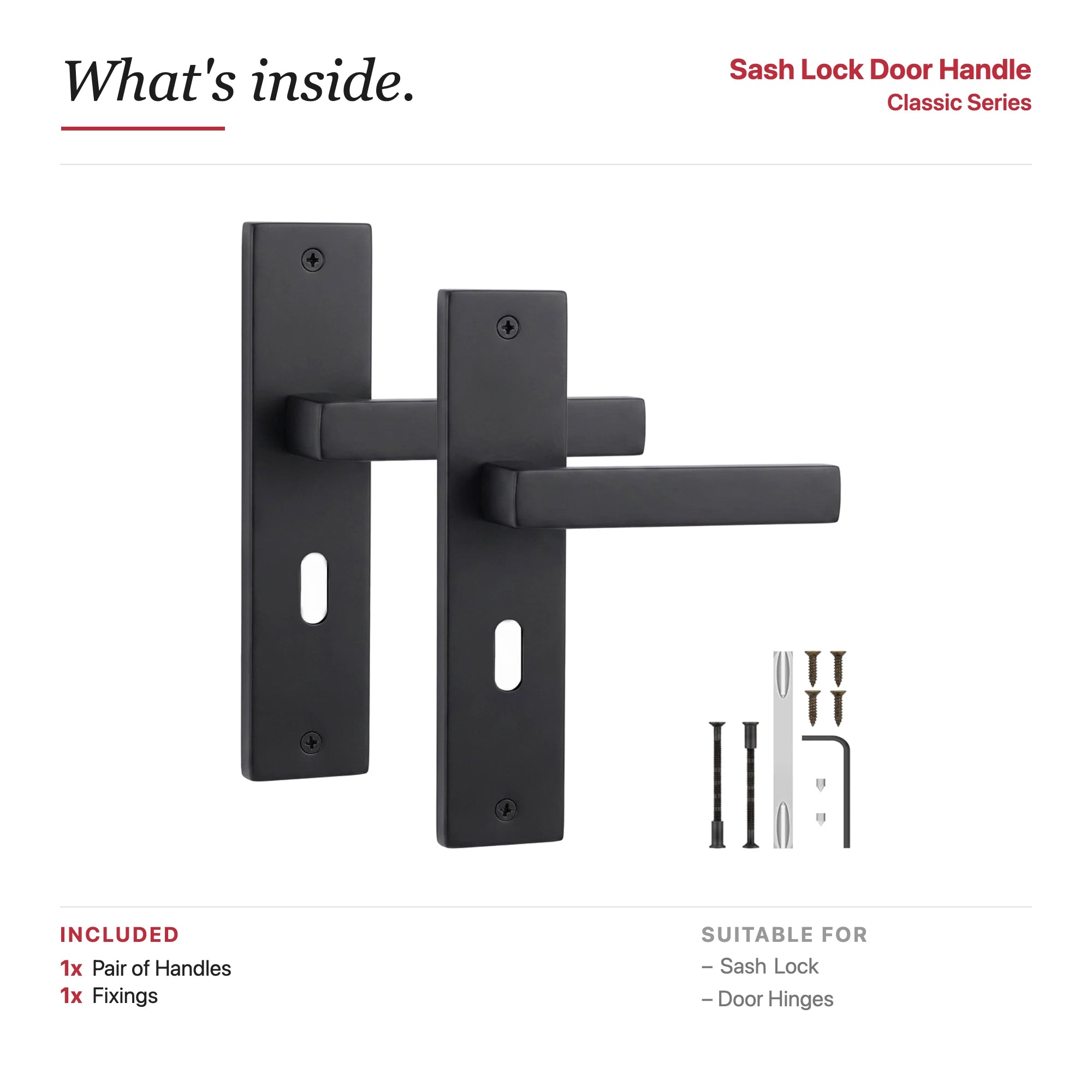 Lumina Matt Black Door Lever Handles on Backplate – showing what's included in the box