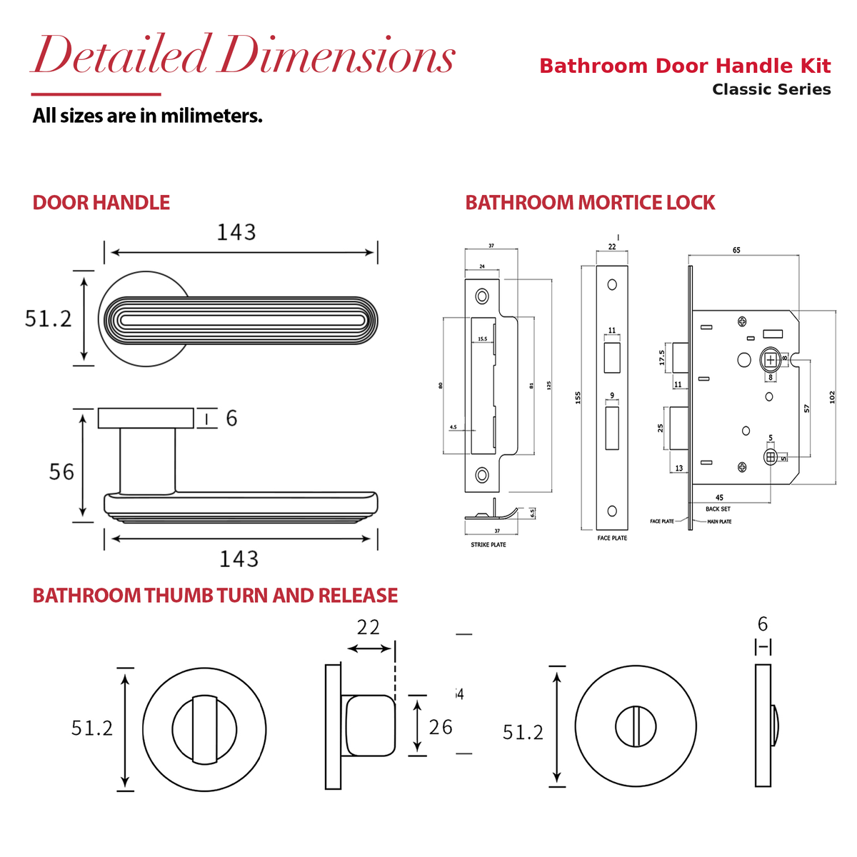Marin Antique Brass Bathroom Door Lever Handles – dimensions and measurements diagram