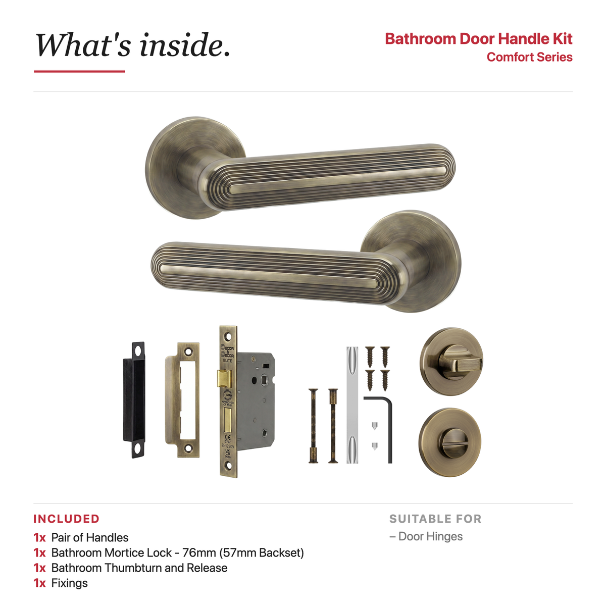 Marin Antique Brass Bathroom Door Lever Handles – showing what's included in the box