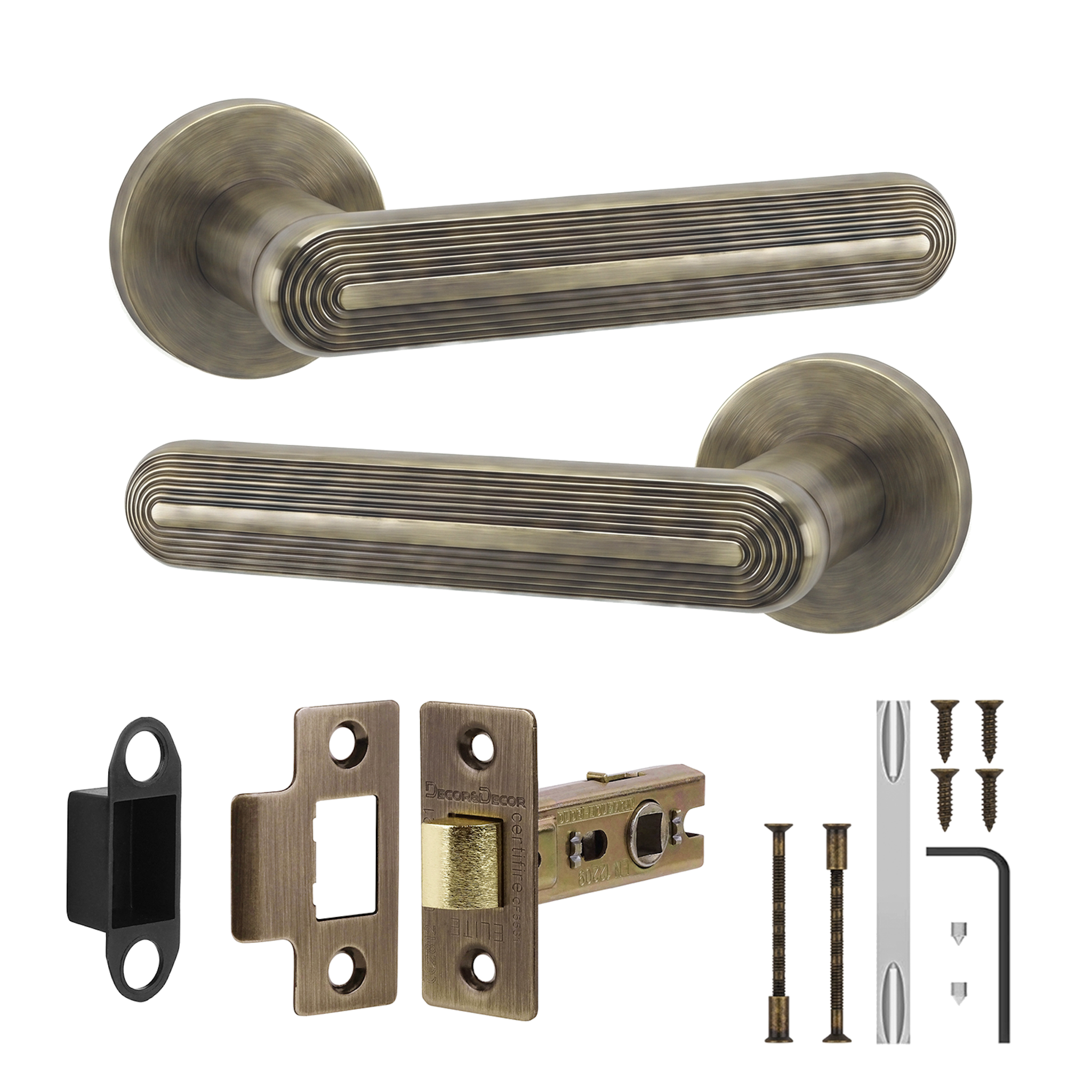 Marin Antique Brass Passage Door Lever Handles - Latch Kit 76mm