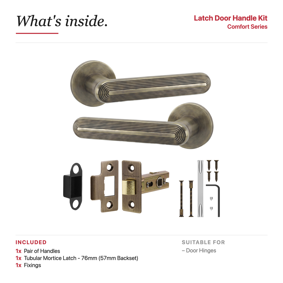 Marin Antique Brass Passage Door Lever Handles – showing what's included in the box