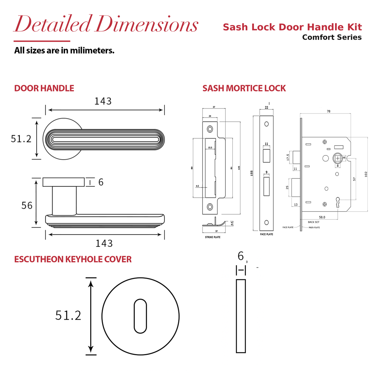 Marin Antique Brass Privacy Door Lever Handles – dimensions and measurements diagram
