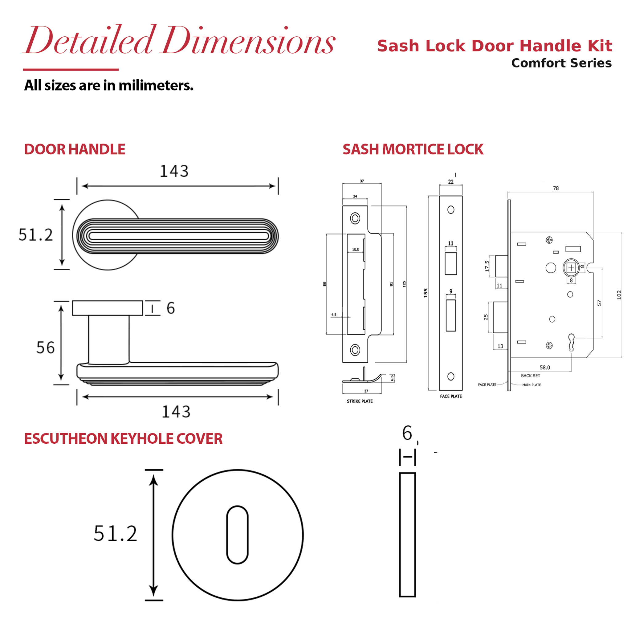 Marin Antique Brass Privacy Door Lever Handles – dimensions and measurements diagram