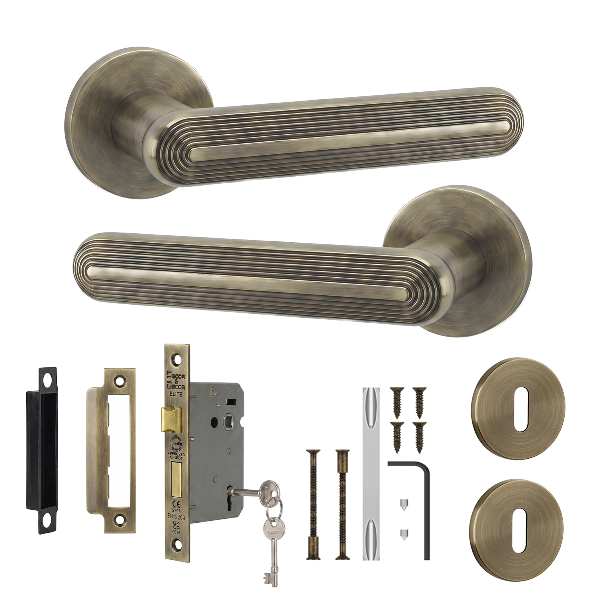 Marin Antique Brass Privacy Door Lever Handles - Sash Lock Kit 76mm