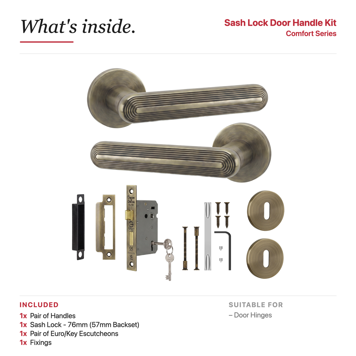 Marin Antique Brass Privacy Door Lever Handles – showing what's included in the box