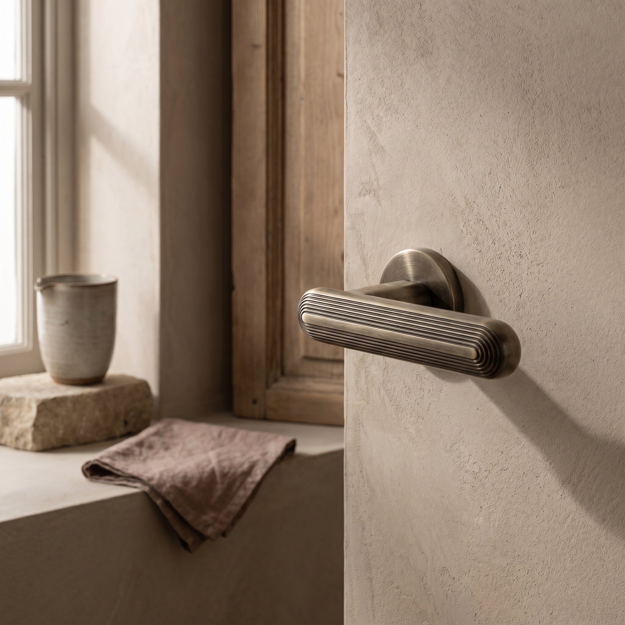 Marin Antique Brass Door Lever Handles – fitted on an interior door in a styled room setting 2