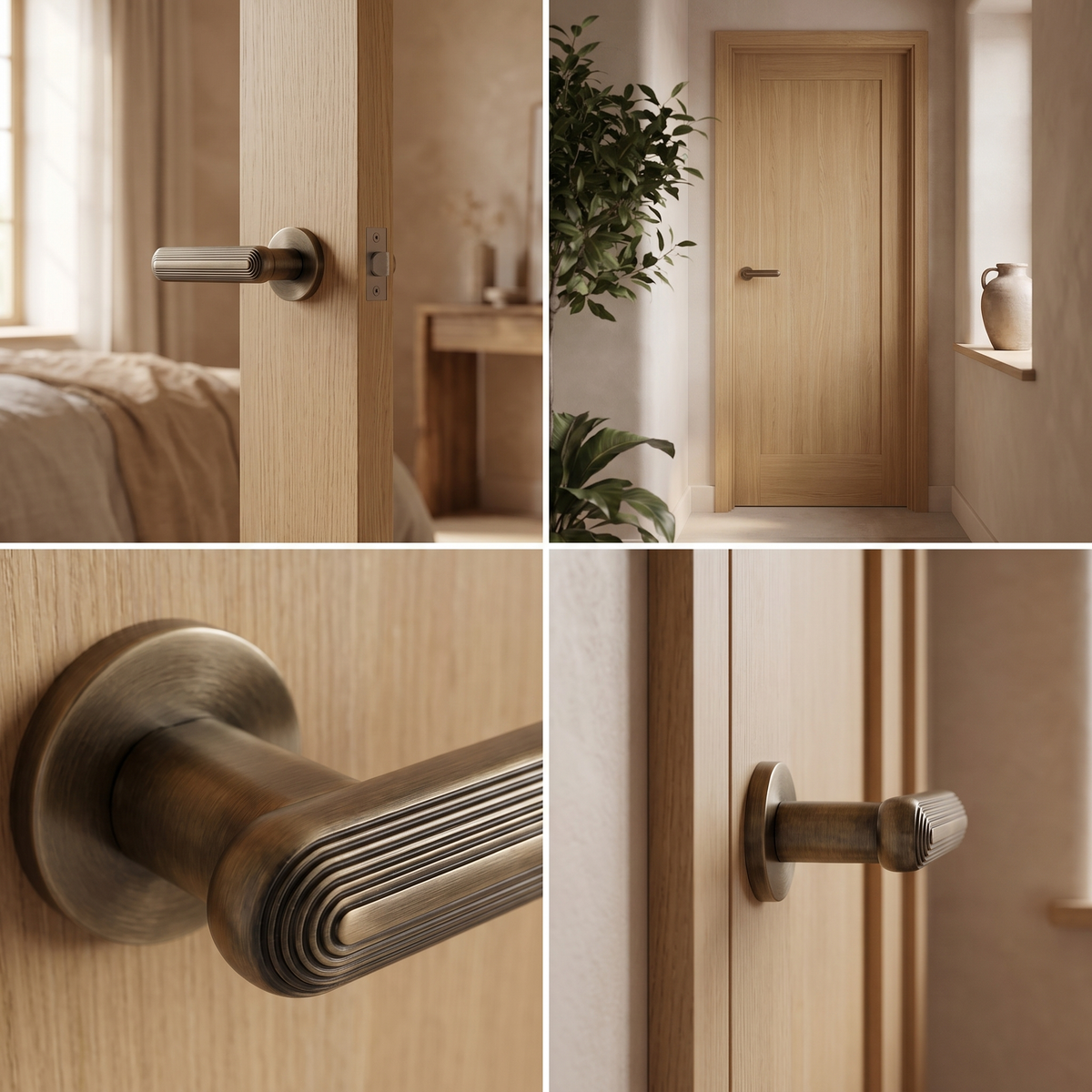 Marin Antique Brass Door Lever Handles – fitted on an interior door in a styled room setting 3