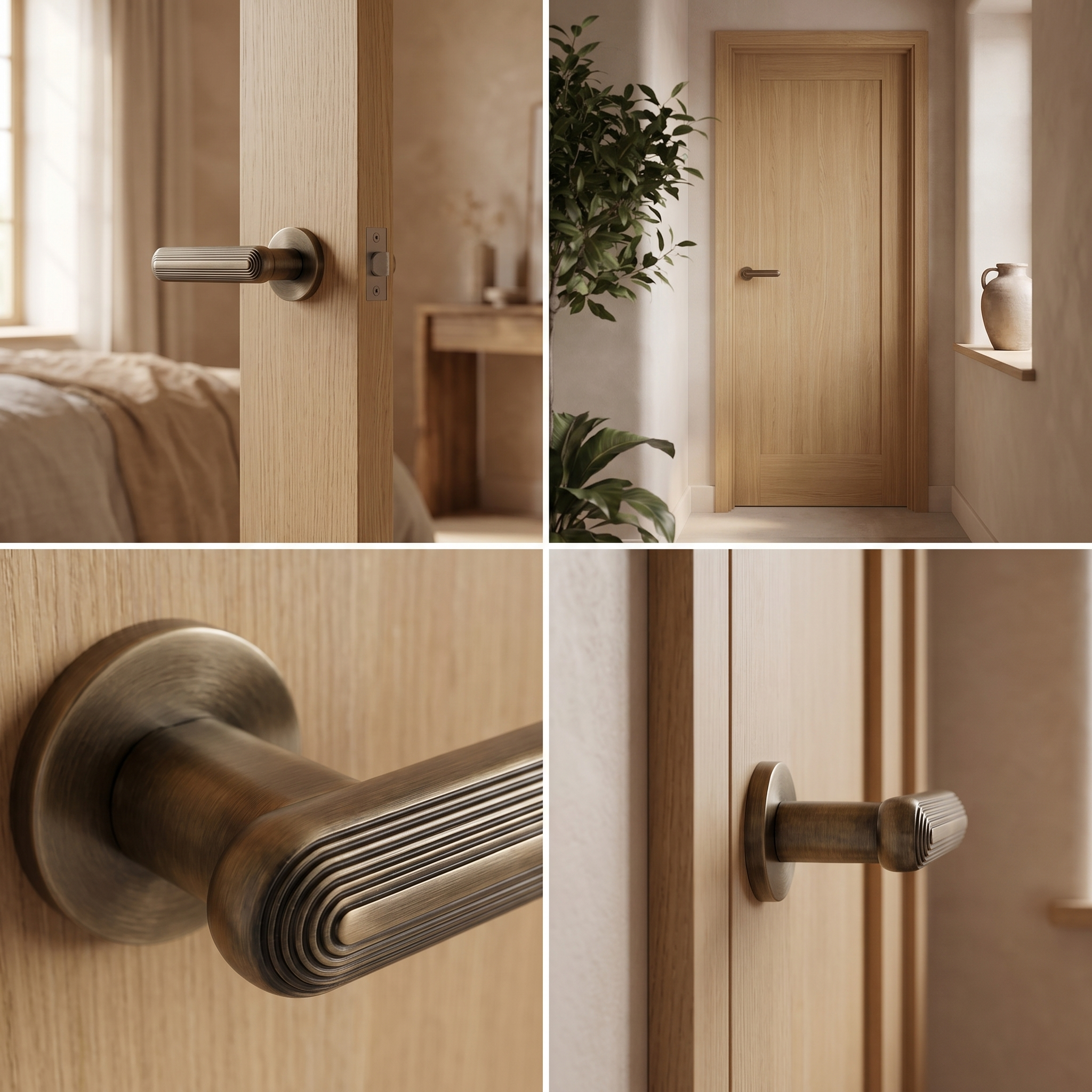 Marin Antique Brass Door Lever Handles – fitted on an interior door in a styled room setting 3