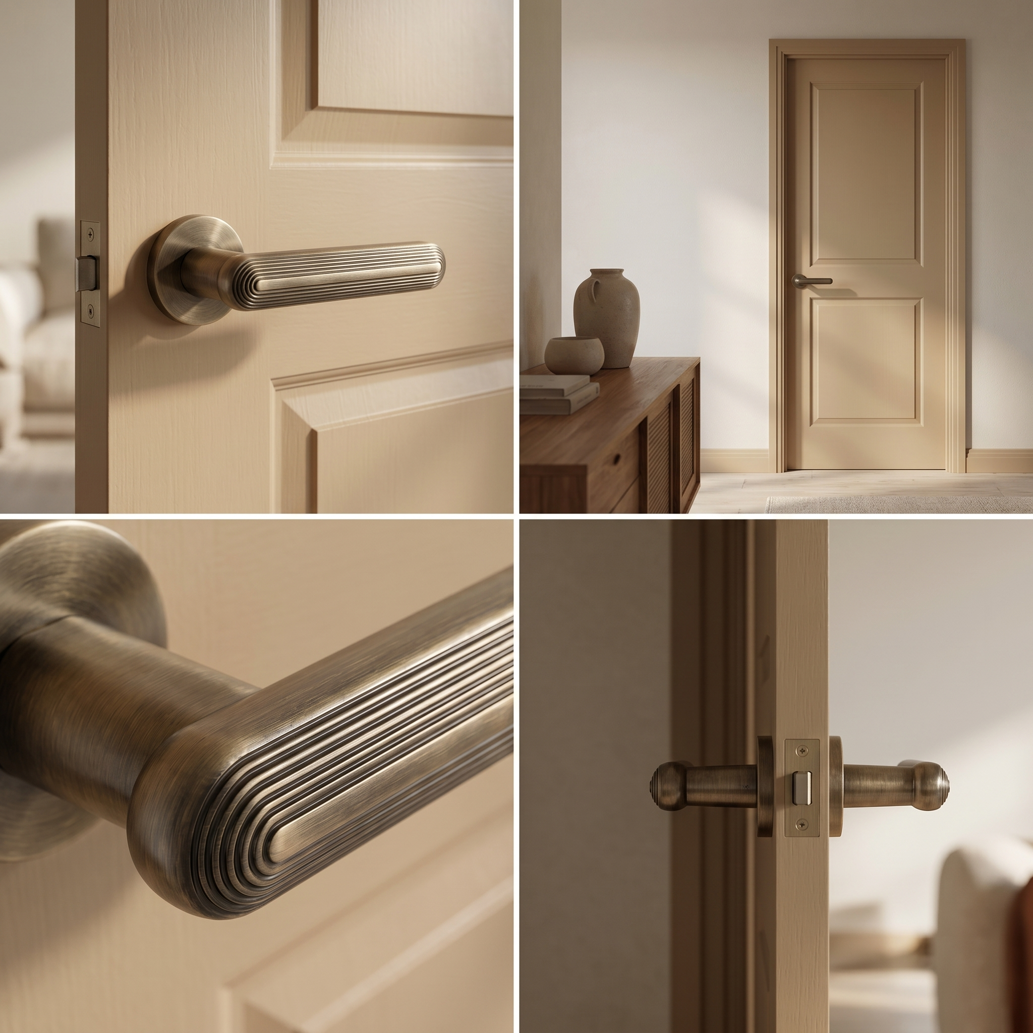 Marin Antique Brass Door Lever Handles – fitted on an interior door in a styled room setting 4