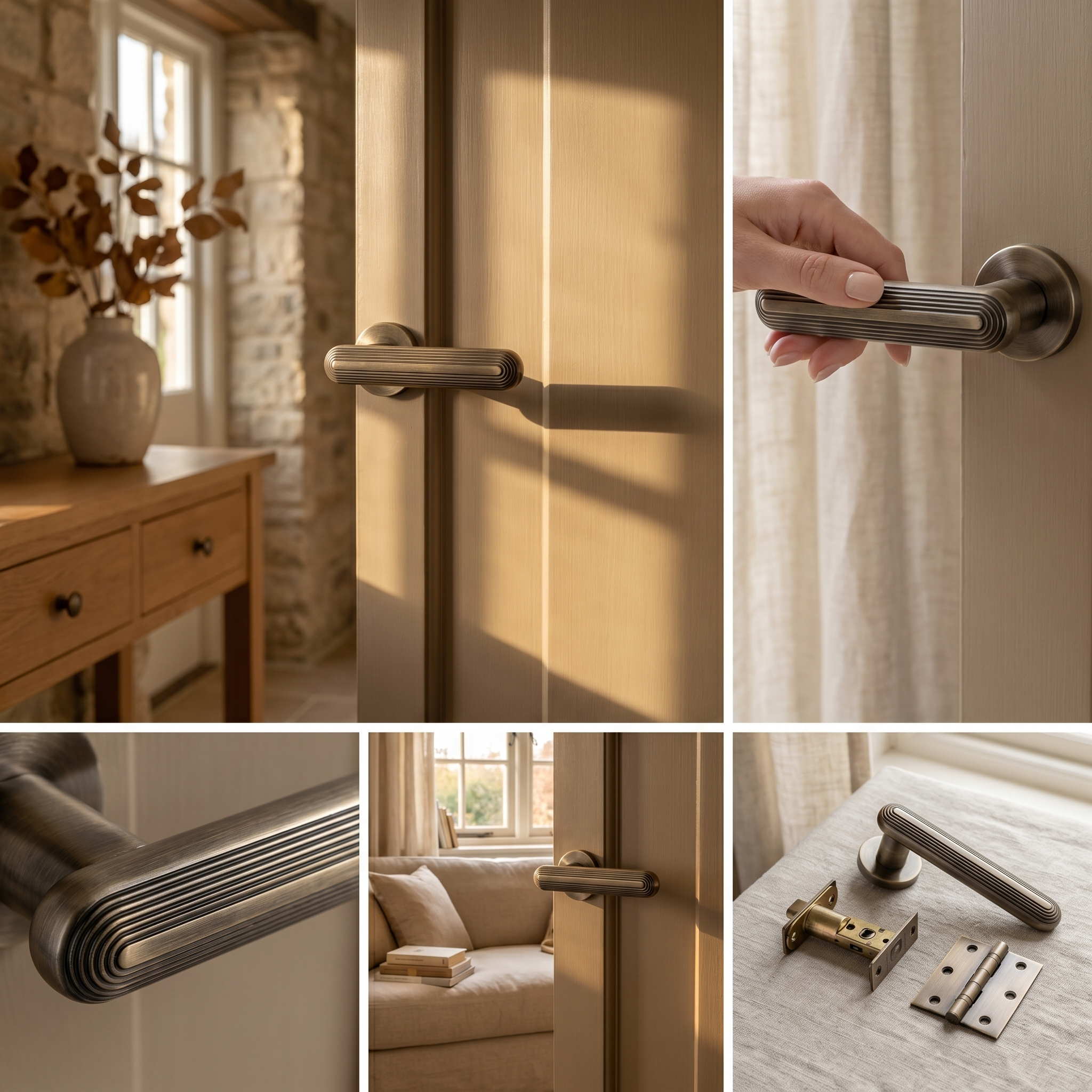 Marin Antique Brass Door Lever Handles – fitted on an interior door in a styled room setting 5
