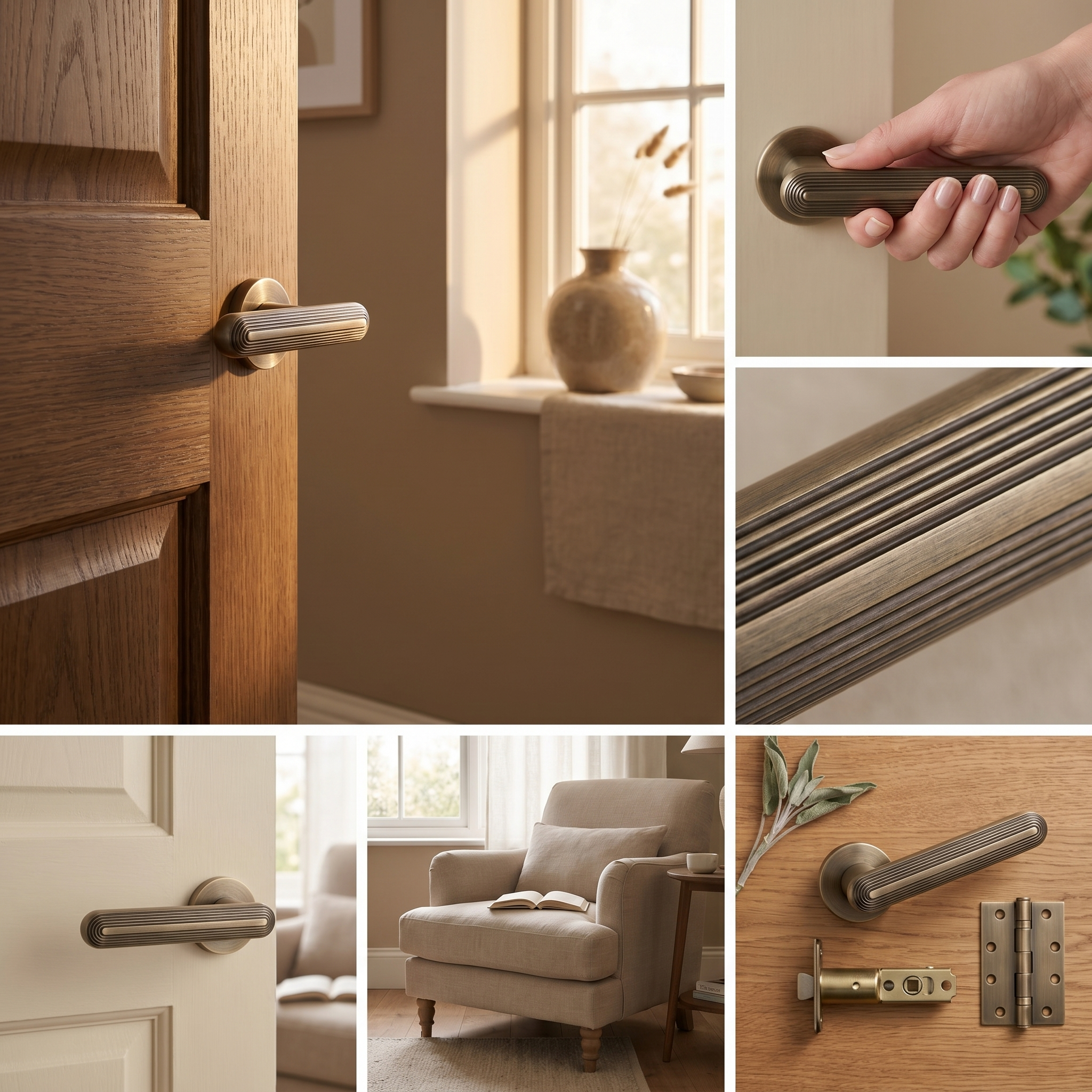 Marin Antique Brass Door Lever Handles – fitted on an interior door in a styled room setting 6