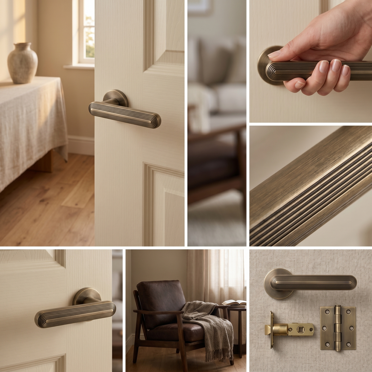 Marin Antique Brass Door Lever Handles – fitted on an interior door in a styled room setting 7