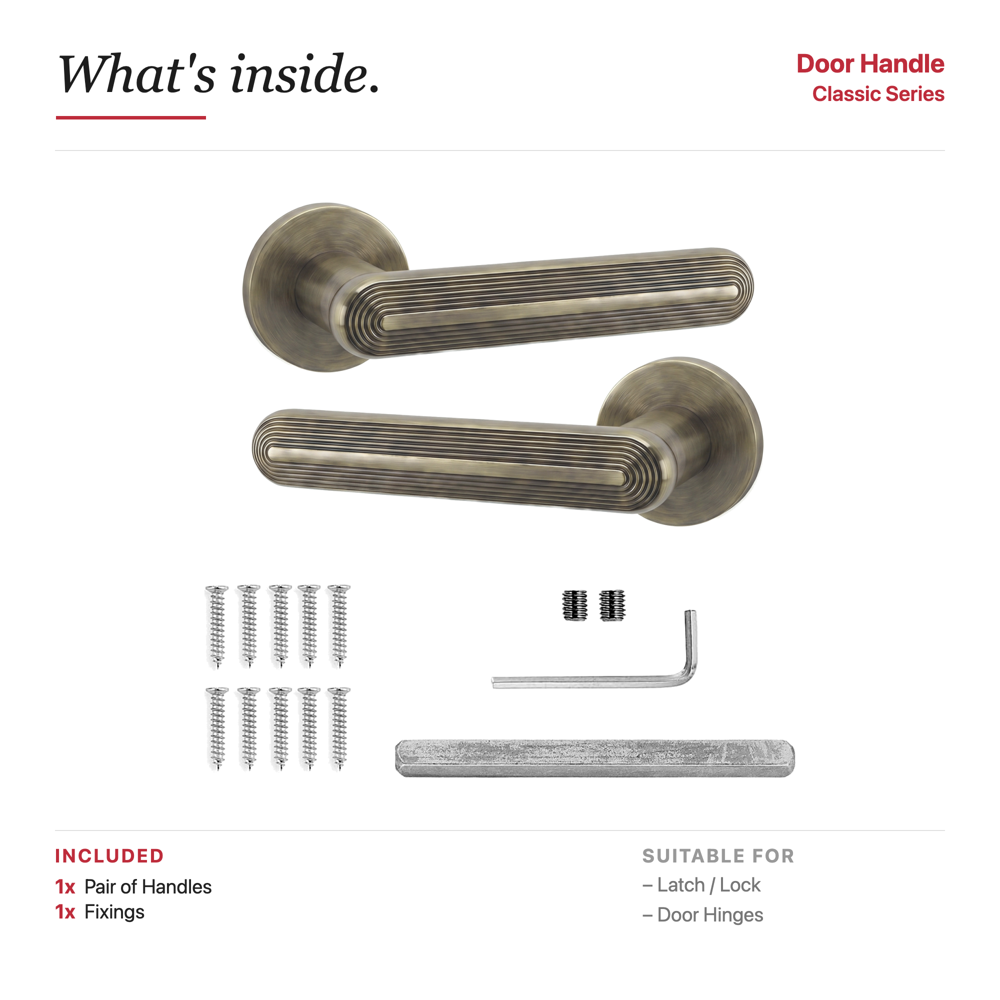 Marin Antique Brass Door Lever Handles – showing what's included in the box