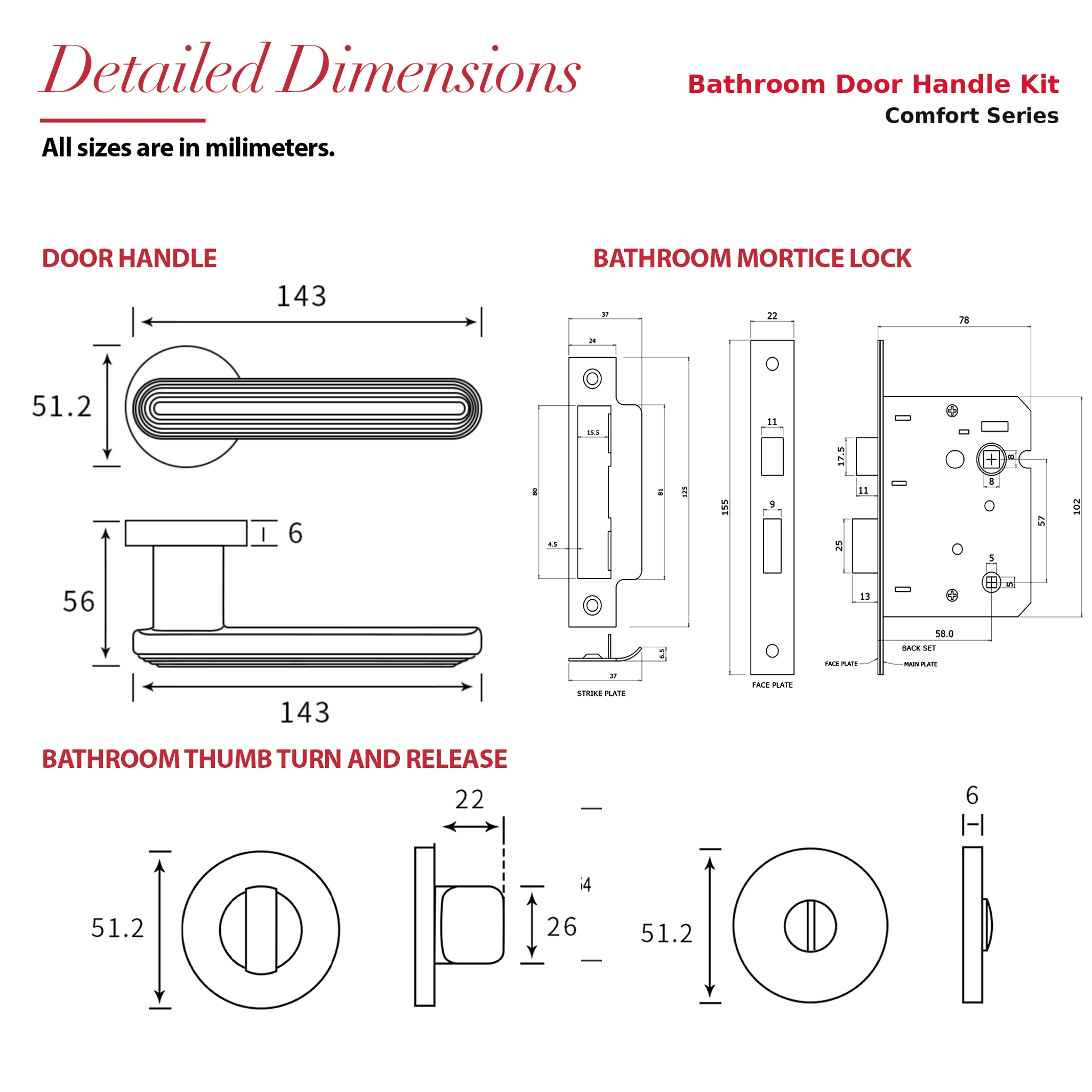 Marin Matt Black Bathroom Door Lever Handles – dimensions and measurements diagram
