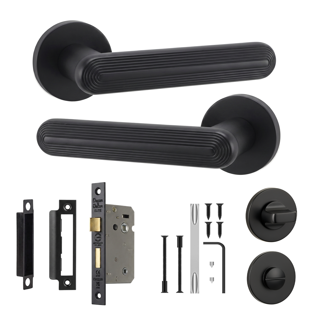Marin Matt Black Bathroom Door Lever Handles - Bathroom Kit 76mm
