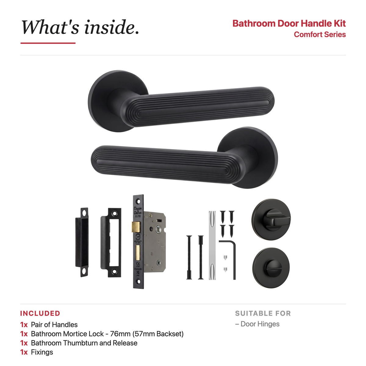 Marin Matt Black Bathroom Door Lever Handles – showing what's included in the box