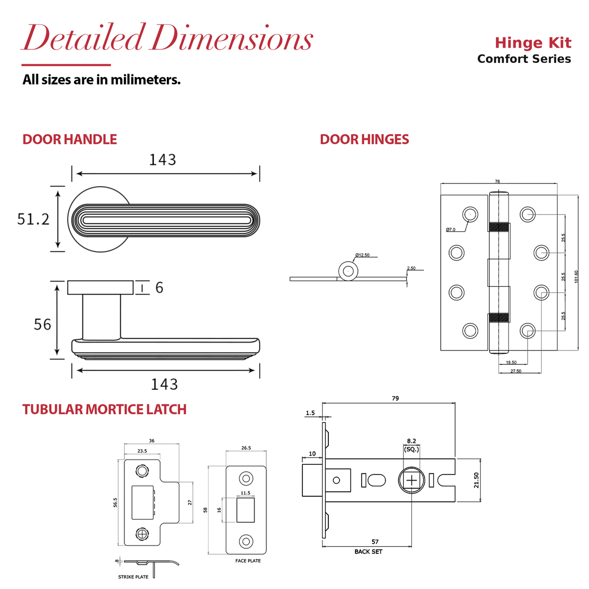 Marin Matt Black Passage Door Lever Handles – dimensions and measurements diagram