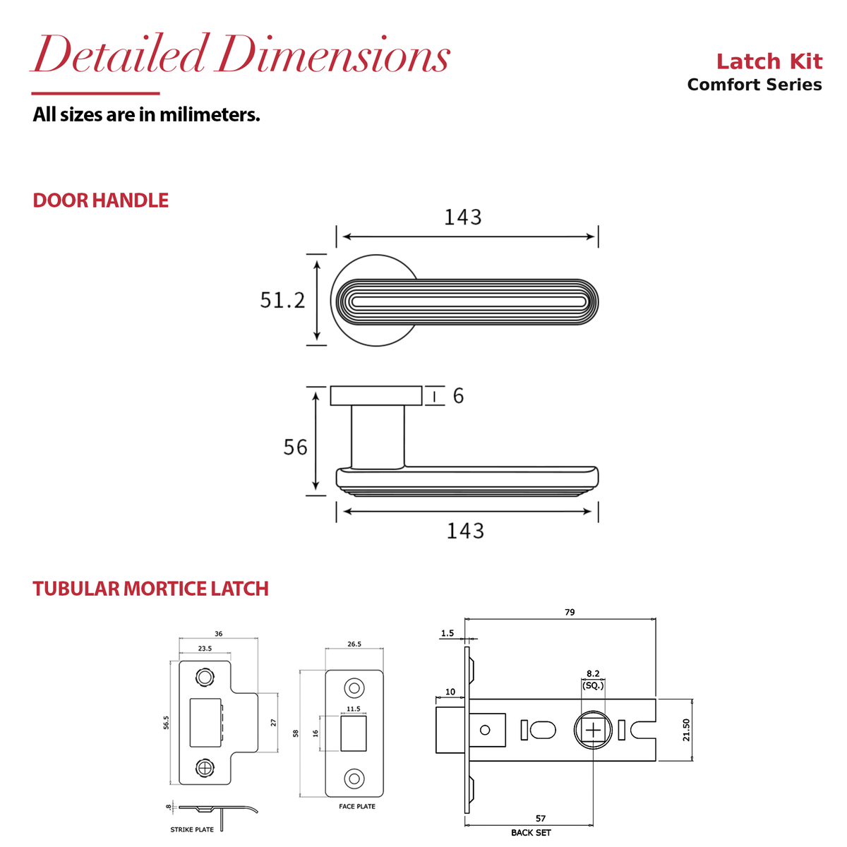 Marin Matt Black Passage Door Lever Handles – dimensions and measurements diagram