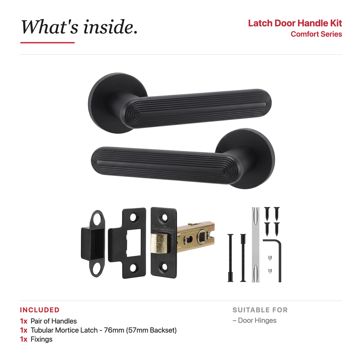 Marin Matt Black Passage Door Lever Handles – showing what's included in the box
